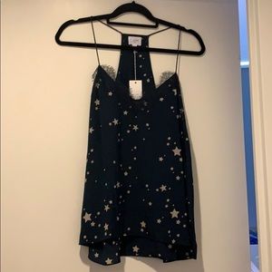 Cami NYC Navy Silk Top with Stars and Lace Detail
